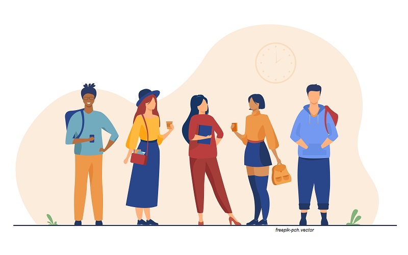 Group of college or university students hanging out. Happy teen girls and guys standing together, holding books, backpacks. Vector illustration for studying, school friends, fashion, youth concept