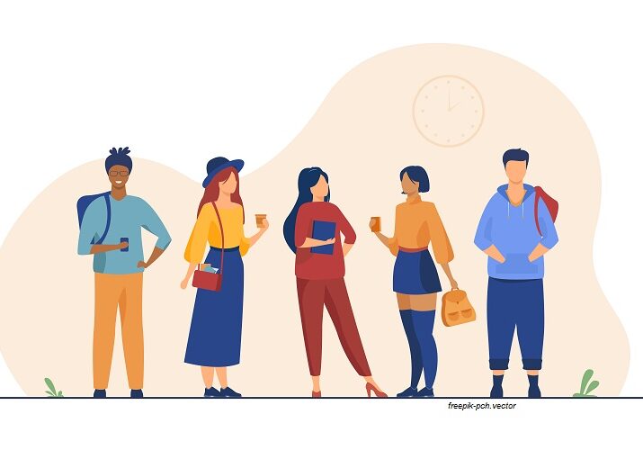 Group of college or university students hanging out. Happy teen girls and guys standing together, holding books, backpacks. Vector illustration for studying, school friends, fashion, youth concept
