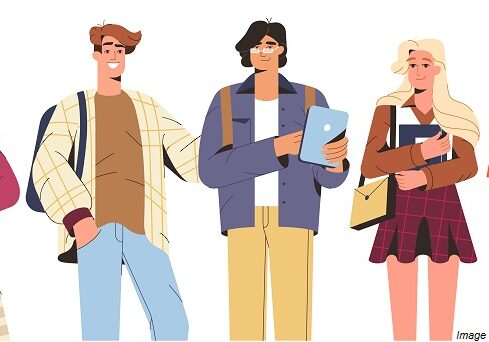 Group of happy students with study books, gadgets. Flat smiling multicultural teenagers together in modern clothes with backpacks. University young people or school friends of different nationalities.