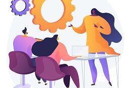 Business seminar. Staff training and development. Consultation, coaching, mentoring. Cartoon characters listening report of successful businesswoman. Vector isolated concept metaphor illustration